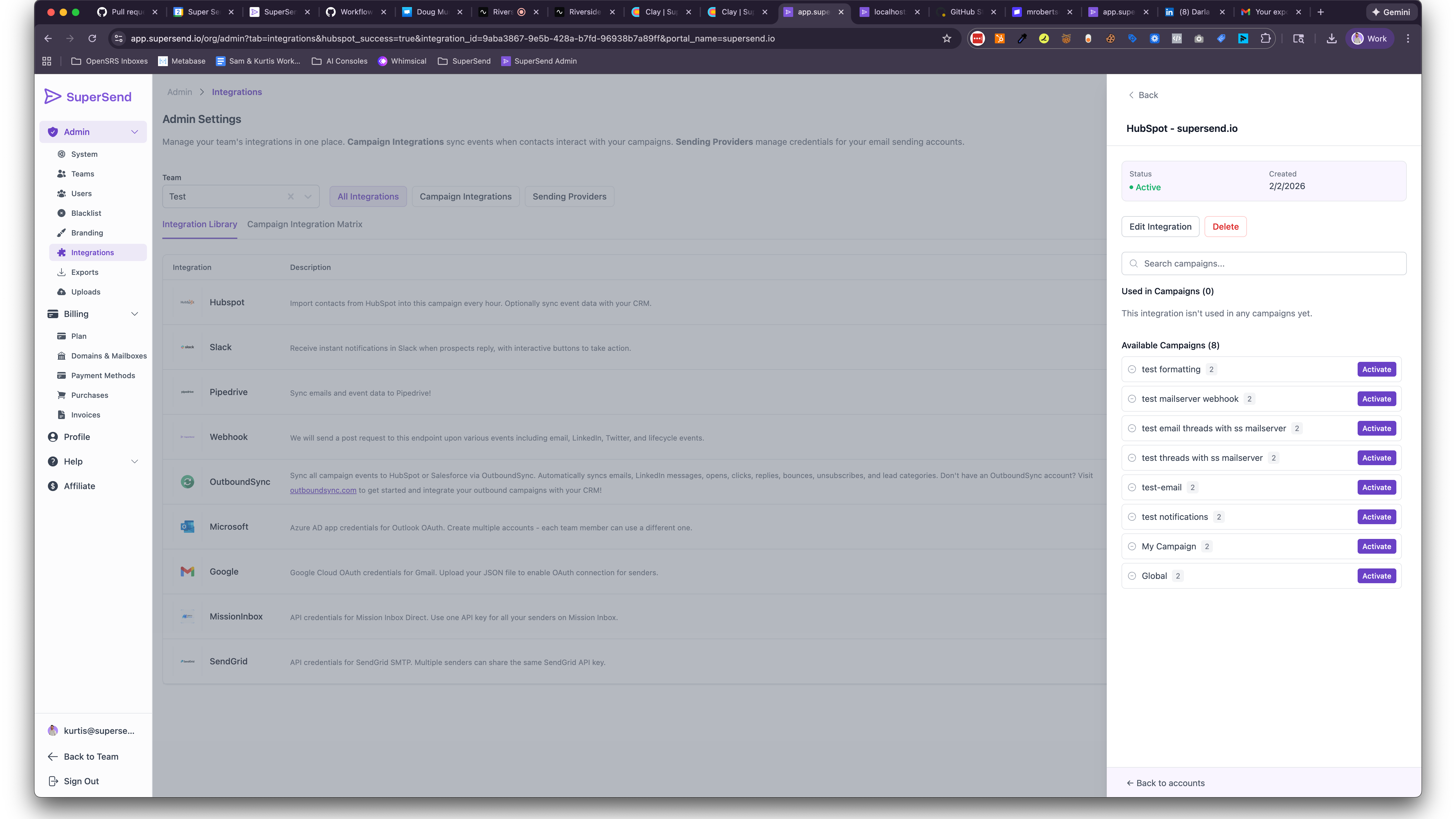 Showing integration page